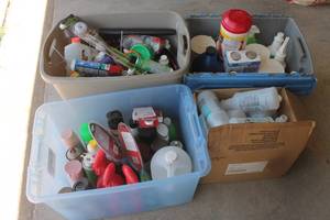 lot 220 image: MISC LOT OF CLEANING SUPPLIES USED  FULL TOTES INCLUDED , NEW SQUEEZE BOTTLES , SANITIZER WIPES , PLUMBING PVC CEMENT PRIMER , FLOOR CLEANERS AND MORE&nbsp