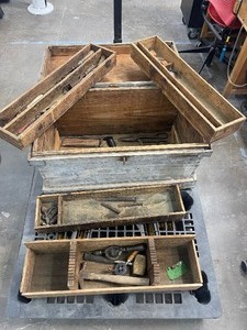 lot 92 image: VINTAGE WOOD STORAGE BOX WITH TIN TOP AND CUBBIES FOR TOLLS USED FOR WOOD TOOLS CONTENTS INCLUDED&nbsp