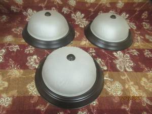 lot 177 image: TWO LIGHT FLUSH MOUNT WITH FROSTED MELON GLASS 3 FIXTURES TOTAL