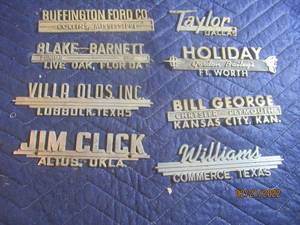 lot 80 image: VINTAGE METAL DEALERSHIP EMBLEM BADGES  LOT OF 8.