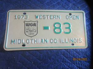 lot 131 image: VINTAGE 1973 WESTERN OPEN MIDLOTHIAN COUNTRY CLUB LICENSE PLATE WGA 1899
