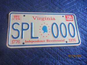 lot 162 image: VINTAGE 1976 VIRGINA INDEPENDENCE BICENTENNIAL SAMPLE LICENSE PLATE