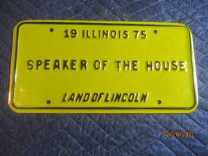 lot 215 image: VINTAGE 1975 ILLINOIS SPEAKER OF THE HOUSE LICENSE PLATE