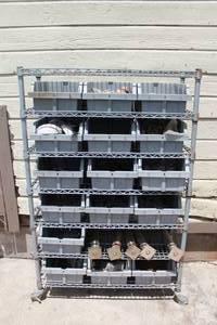 lot 115 image: 7- SHELF WIRE SHELVING UNIT ON CASTERS&nbsp WITH 16 STORAGE BINS , CONTENTS INCLUDED&nbsp
