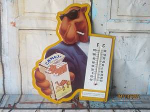 lot 216 image: 1992 R.J. REYNOLDS TOBACCO CO.&nbsp &nbspJOE CAMEL CIGARETTE TIN&nbsp ADVERTISING SIGN&nbsp WITH THERMOMETER&nbsp