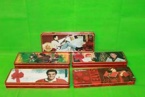 lot 117 image: TOTAL OF 5 VINTAGE ELVIS PRESLEY  RUSSELL STOVER HAPPY HOLIDAY  ELVIS CHRISTMAS CANDY TINS (12L)
