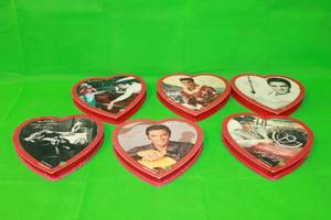 lot 121 image: TOTAL OF 6 ELVIS PRESLEY RUSSELL STOVER HEART SHAPED CARDBOARD COLLECTORS SERIES  CANDY BOXES LOVE ME TENDER 1ST EDITION ( 9)
