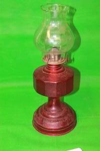 lot 37 image: VINTAGE RED RUBY GLASS PEDESTAL LANTERN KEROSENE LAMP 16.5 H
