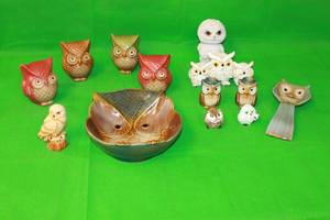 lot 17 image: TOTAL OF 13 ASSORTED OWL LOT , FIGURINES,BOWL SPOON
