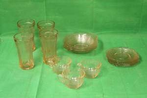 lot 172 image: TOTAL OF 14 PC  PINK DEPRESSION MADRID INDIANA GLASS , GOBLETS,BOWLS,SAUCERS,CUPS