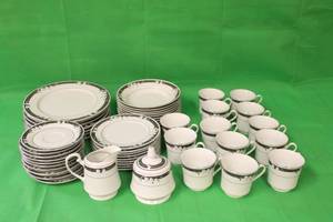 lot 173 image: 51 PC MAJESTY FINE CHINA COLLECTION , PATTERN TUXEDO 8392 ,DINNER PLATES ,APPETIZERDESSERT PLATES ,SOUPBOWL ,SAUCER PLATES ,CUPS