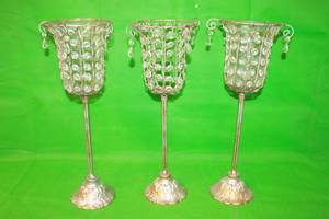 lot 215 image: TOTAL OF 3 CRYSTAL GLAM IRON HURRICANE 22H CANDLE HOLDERS  ONE NEED GLASS REPLACED