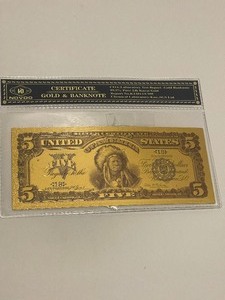 lot 244 image: NOVDO CERTIFICATE GOLD & BANKNOTE $5 BILL LAB TESTED 99.9% PURE 24K GOLD WITH COA