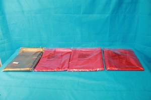 lot 268 image: 4 SATIN RECTANGULAR TABLE CLOTHS WITH 2 RED SATIN BANQUET CHAIR COVERS