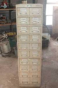 lot 66 image: VINTAGE BURROUGH CORP INDUSTRIAL 20-DRAWER METAL HARDWARE STORAGE CABINETS WITH CONTENTS