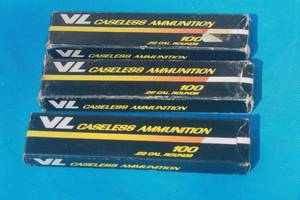 lot 285 image: TOTAL OF 3 BOXES( FULL) VL CASELESS AMMUNITION .22 CAL 100  ROUNDS