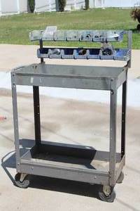 lot 41 image: 2-TIER FLAT SHELF UTILITY CART WITH 14 ATTATCHED AKROBIN STORAGE BINS ,CONTENTS INCLUDED   SEE PICS