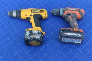 lot 120 image: DEWALT DW972 AND RIGID R86054 DRILLS WITH BATTERIES NO CHARGERS