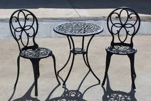 lot 141 image: 3PC WROUGHT IRON BISTRO TABLE SET WITH CHAIRS