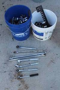 lot 219 image: BUCKET OF GENEROUS AMOUNT OF SOCKETS AND RATCHETS  ASSORTED SIZES
