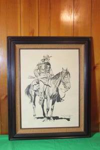 lot 84 image: VINTAGE 1967 U.S CAVALRY SOLDIER WITH CARBINE ON HORSE FRAMED  WALL ART PRINT SIGNED JOE GRANDE E , 31H X 25L