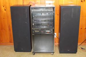lot 127 image: VINTAGE KENWOOD STEREO SYSTEM IN CABINET , TURNTABLE KD-72FB,GRAPHIC EQUALIZER GE-528,TUNER KT-52 ,TAPE DECK KX-92W ,AMPLIFIER KA-92B,SPEAKERS JL-930W  WITH MANUALS ,SEE PICS