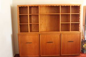 lot 128 image: VINTAGE MID CENTURY MODERN TEAK WOOD 2-PC WALL UNIT ,85 L X 72 H