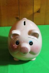 lot 187 image: VINTAGE MID CENTURY MODERN PINK PIG PIGGY BANK WITH CURLY TAIL ,8H X 8L