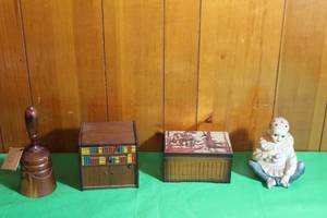 lot 207 image: VINTAGE MUSICAL JEWELRY BOX, MUSIC BOX BELL, CERAMIC CLOWN MUSIC BOX AND CIGARETTE DISPENSER