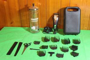 lot 220 image: WAHL PRECISION CLIPPERS WITH GUARDS AND BARBICIDE LIDDED CANISTER