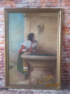 lot 146 image: CANVAS OIL PAINTING IN VINTAGE FRAME&nbsp -ROMAN GIRL AT A FOUNTAIN SIGNED&nbsp