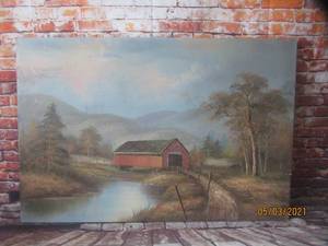 lot 147 image: CANVAS OIL PAINTING&nbsp --COVERED BRIDGE&nbsp SIGNED BENTLEY&nbsp