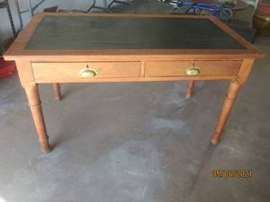 lot 163 image: 2 DRAWER SOLID WOOD DINING TABLE WITH GREEN LEATHER TOP AND BRASS HARDWARE&nbsp