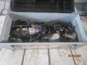 lot 283 image: 16 VINTAGE REELS FLY FISHING AND MORE TACKLE BOX WITH FISH DESIGN&nbsp