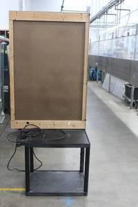 lot 82 image: BRETFORD MODEL E ADJUSTABLE MULTI PURPOSE CART WITH 10 AMP 125V WITH ATTATCHED WOOD WALL DCOR