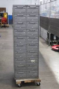 lot 84 image: 1967 DATACASE BY STEEL CASE INC 20-DRAWER CABINET   ON TRUCK DOLLY,  WITH CONTENTS, 55H X 16W X 28L   SEE PICS