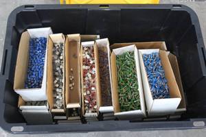 lot 126 image: GENEROUS AMOUNT OF ASSORTED ELECTRICAL  COMPONENTS ,GREENMODE STORAGE BOX LIDDED TOTE INCLUDED  SEE PICS