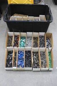 lot 128 image: GENEROUS AMOUNT OF ASSORTED ELECTRICAL  COMPONENTS ,GREENMODE STORAGE BOX LIDDED TOTE INCLUDED  SEE PICS