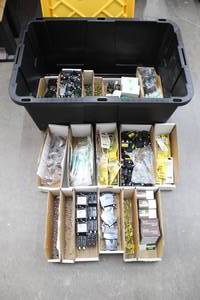 lot 131 image: GENEROUS AMOUNT OF ASSORTED ELECTRICAL  COMPONENTS ,GREENMODE STORAGE BOX LIDDED TOTE INCLUDED  SEE PICS