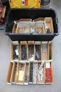 lot 135 image: GENEROUS AMOUNT OF ASSORTED ELECTRICAL  COMPONENTS ,GREENMODE STORAGE BOX LIDDED TOTE INCLUDED  SEE PICS