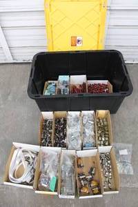 lot 136 image: GENEROUS AMOUNT OF ASSORTED ELECTRICAL  COMPONENTS ,GREENMODE STORAGE BOX LIDDED TOTE INCLUDED  SEE PICS
