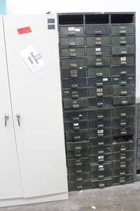 lot 196 image: 2 HOBART STEEL STORAGE  CABINET 27 DRAWER CONTENTS INCUDED