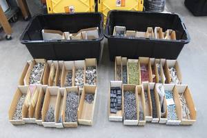 lot 201 image: 2. GREENMODE 27GAL TOTES WITH GENEROUS AMOUNT OF ELECTRICAL COMPONENTS