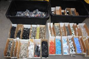 lot 210 image: 2. GREENMODE 27GAL TOTES WITH GENEROUS AMOUNT OF ELECTRICAL COMPONENTS