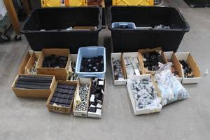 lot 261 image: 2. GREENMODE 27GAL TOTES WITH GENEROUS AMOUNT OF ELECTRICAL COMPONENTS