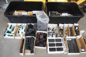 lot 262 image: 2. GREENMODE 27GAL TOTES WITH GENEROUS AMOUNT OF ELECTRICAL COMPONENTS