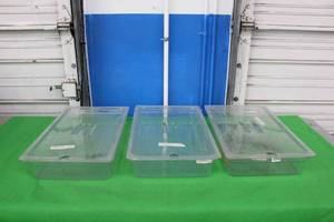 lot 388 image: 3 CAMBRO PLASTIC SERVING PANS WITH LIDS