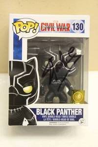 lot 22 image: FUNKO POP MARVEL POP CIVIL WAR CAPT AMERICA 130 BLACK PANTHER VINYL BOBBLE HEAD SIGNED BY STAN LEE