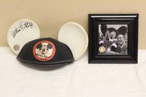 lot 27 image: VINTAGE WALT DISNEY MICKEY MOUSE CLUB EAR HAT  SIGNED AUTOGRAPH WALTER E. DISNEY WITH BLACK & WHITE PHOTO OF WALT DISNEY & MICKEY MOUSE  FRAMED