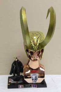 lot 39 image: STAN LEE CREATOR OF THE MARVEL UNIVERSE EXCELSIOR LOKI HELMET THOR PROTOTYPE FOR MARVEL ,AUTOGRAPHED SIGNATURES WITH MARVEL LOKI FIGURE  SEE PICS